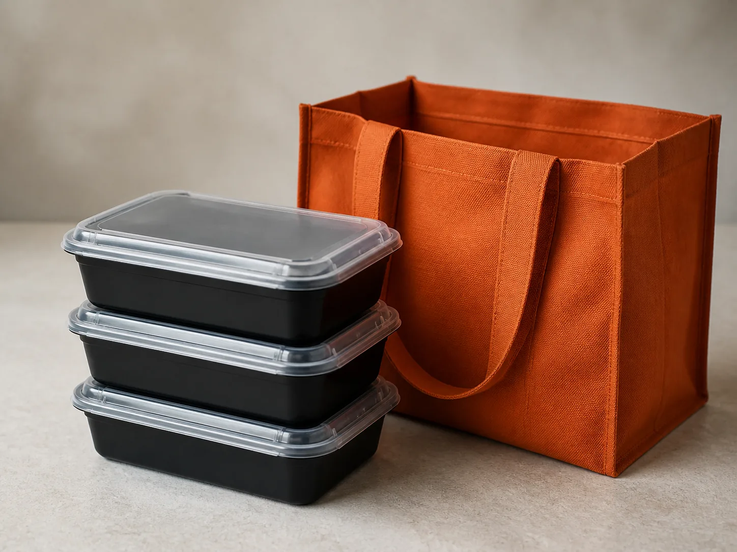 Stacked black BulkBite containers with clear lids next to an orange reusable tote bag, packed ready for collection.