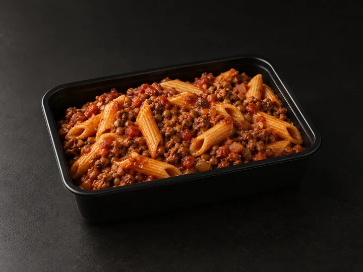 Beef Bolognese pasta in a BulkBite container.