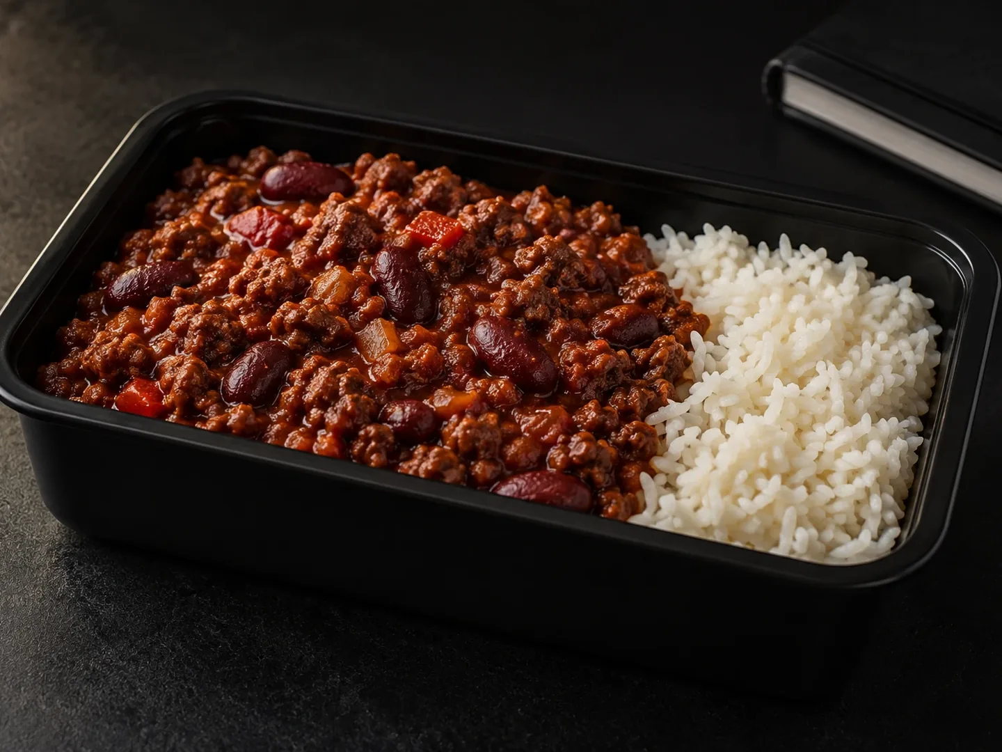 Smoky Beef Chilli served with rice in a BulkBite container.
