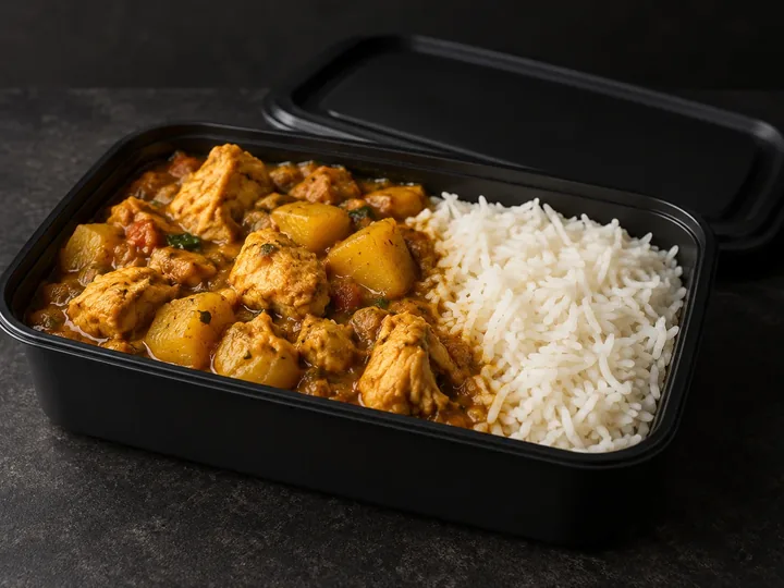 Chicken and Potato Curry served with rice in a BulkBite container.
