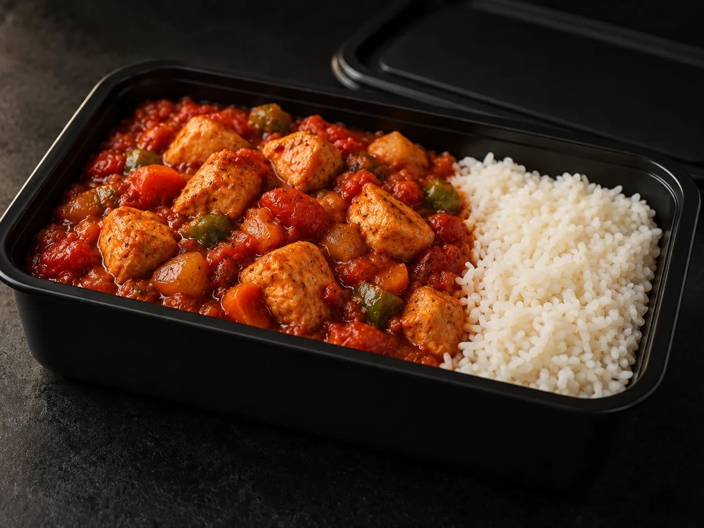 Chicken Tomato Stew and rice served in a black reusable BulkBite container.